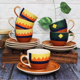 Hand Painted Boho Fiesta Ceramic Cups & Saucers Set Of 6 | Tea Cup Set Of 6 Cups + 6 Saucers For Tea, Coffee, Hot Drinks - 12 Pieces, 150ml, Microwave Safe